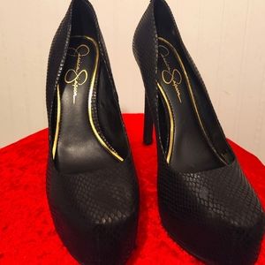 Black snakeskin print stiletto heels